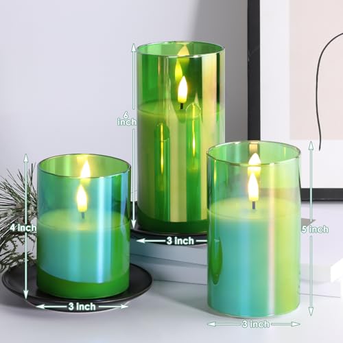 Eywamage Green Glass Flameless Pillar Candles with Remote, Flickering Spring Battery LED Candles Holiday Decor Set of 3 - color: Green