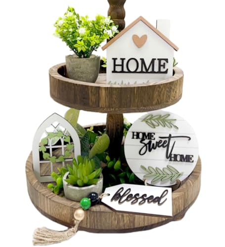 6 Pieces Farmhouse Tiered Tray Decor Beautiful Sweet Home Wood Sign Artificial Plant Rustic Tray Decorations Centerpiece Set for Home & Kitchen Decor(Tiered Tray NOT Included)
