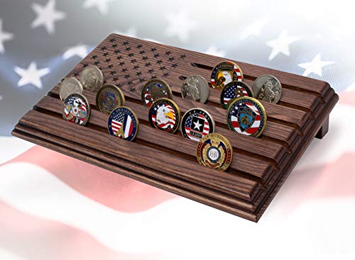TESLYAR 6 Rows Military Challenge Coins Display Stand - Wooden Holder for 30-36 Coins - Solid Wood Display Rack for Desk - Army Collectible Challenge Coin Display Case - American Flag Design (Brown) - color: Brown