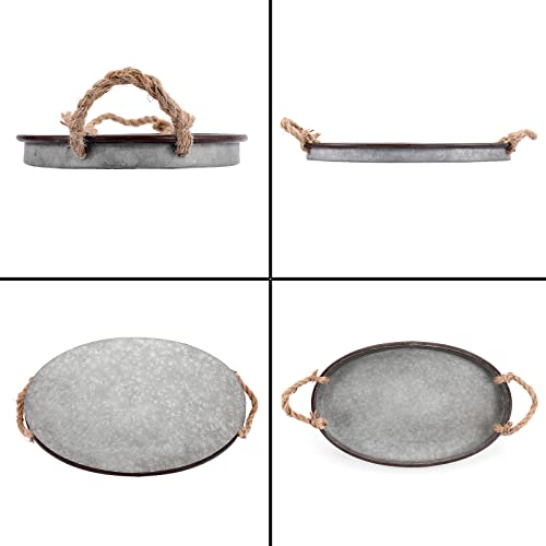 Hipiwe Galvanized Metal Iron Oval Tray with Rope Handle Farmhouse Serving Tray Rustic Industrial Decorative Centerpiece for Coffee Table Weddings and Parties Decor, Large - size: 15.4" x 9.8" x 1.6"