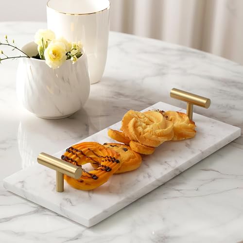LIN CHUAN Marble Napkin Holder,Guest Towel Holder Tray,Marble Tray for Bathroom & Kitchen Countertop with Brass Handles,Paper Hand Towel Holder,White