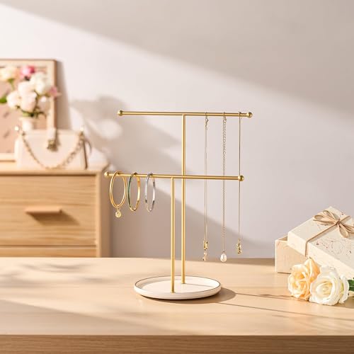 Gold Jewelry Holder Stand with Ceramic Tray: Small Hanging Necklace Organizer Tree for Earrings, Bracelets, Rings – Jewelry Display Hanger for Women & Girls, White - color: white tray gold bar