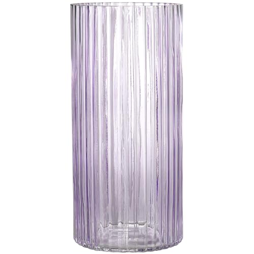 Purple Glass Vase for Flowers, Ribbed Glass Vase for Tulips, Modern Purple Vases, Tall Cylinder Glass Vases for Living Room, Bedroom, Dining Table, Office, Wedding, Bookshelf, 10 Inches - color: Purple, size: 10''