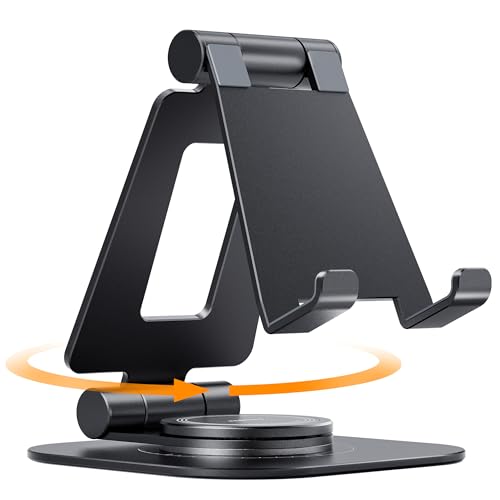 Nulaxy 360 Rotating Cell Phone Stand, Fully Adjustable Foldable Desktop Phone Holder Cradle Dock, Thick Case Friendly, Compatible with All Phones, Nintendo Switch, Black - color: A-Black