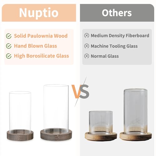 NUPTIO Hurricane Candle Holder for Centerpiece: Glass Pillar Candle Holder with Rustic Brown Wooden Plate - Set of 2 Floating Candles Cylinder Vase for Outdoor Wedding Table Decor - color: Brown