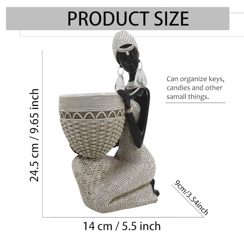 Lescafita Handmade White African Tribal Woman Sculpture - Crystal Earrings & Basket Statue, Ivory Resin Home Decor for Modern Shelves/Tables, Elegant Housewarming Gift (9.65" H) - color: 305-white