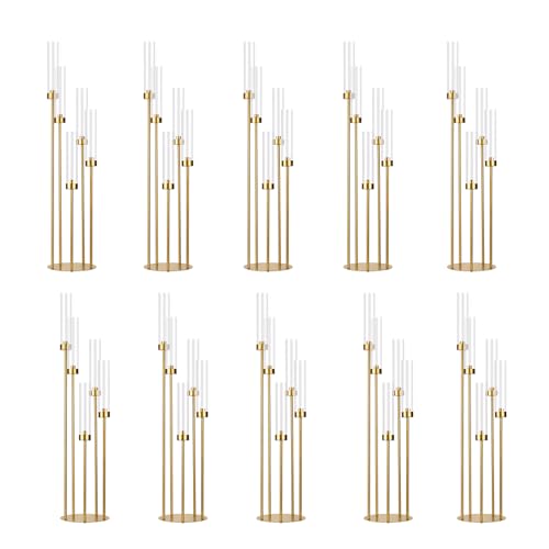 10PCS Gold Floor Candelabra,5 Arm Candle Holder Tall Floor Candle Holder with Acrylic Lampshade for Wedding Table Birthday Party Home Decoration Fit LED Taper Candles - color: Gold, size: 10pcs