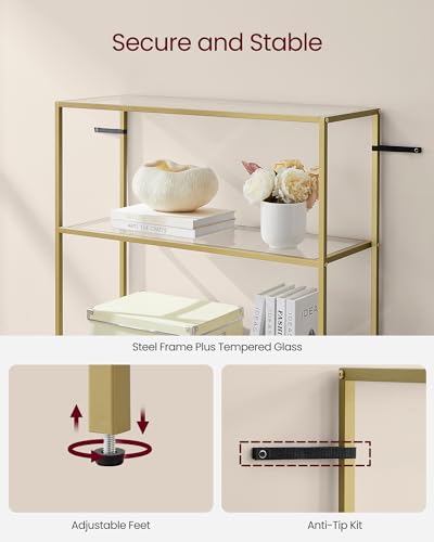VASAGLE Bookcase, 6-Tier Bookshelf, Slim Shelving Unit for Bedroom, Bathroom, Home Office, Tempered Glass, Steel Frame, Metallic Gold ULGT503A01 - color: Metallic Gold, size: 6 Tiers (31.5"W x 69.8"H)