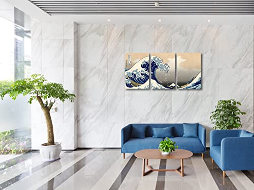Wieco Art Great Wave of Kanagawa Katsushika Hokusai 3 Piece Modern Stretched Canvas Prints Artwork Abstract Pictures Paintings on Canvas Wall Art for Home Office Decorations Wall Decor - color: Great Wave, size: 16 x 24 inches (Unframed)
