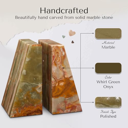 Modern Wedge Marble Bookends – Hand Carved, Polished Stone Bookends w/Non-Slip Rubber Pads – Lightweight & Compact Decorative Bookends (Whirl Green Onyx) - color: Whirl Green Onyx