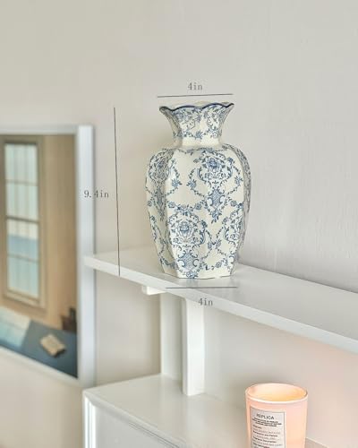 Vintage Blue Ceramic Vase, Blue and White Porcelain Decorative Flower Vase for Centerpiece Living Room Table Shelf, Chinoiserie French Country Decor - color: Blue&white, size: Large