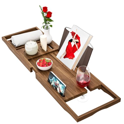 Premium Teak Bathtub Tray Caddy, Wooden Bath Caddy Trays for Bathtub, Bath Tub Wood Tray Table for Tub,Expandable Size, Fits Most Bath Tubs - color: Teak Wood