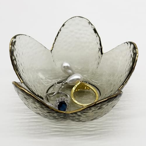 Flower Ring Dish Jewelry Tray, Glass Jewelry Dish Tray, Cute Room Decor Small Trinket Dish, Nightstand Jewlery Ring Holder, Bathroom Jewlery Plate Bowl for Earring Gift for Women (Smoky Black) - color: Smoky Black