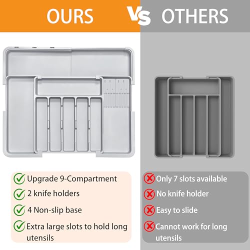 Silverware Drawer Organizer for Kitchen, Adjustable Utensil Drawer Organizer with 2 Knife Block, BPA Free Flatware and Cutlery Holder, Expandable Plastic Storage for Spoons Forks Knives(Grey) - color: Grey