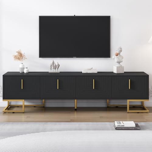 ON-TREND Modern TV Stand with Metal Legs and Gold Handles for TVs Up to 80'', Media Console Table with Cabinets and Adjustable Shelves, Luxury TV Cabinet with Geometric Lines for Living Room, Black - color: Black+gold1