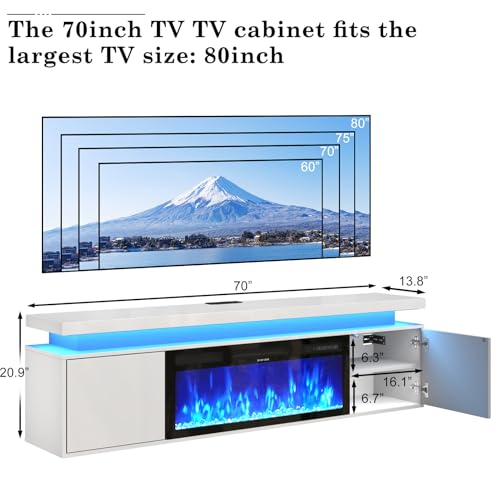 70" Floating Fireplace tv Stand w/ 36" Fireplace Up to 80" TVs,High Gloss LED Fireplaces TV Stand Entertainment Center for 70/75+/80 inch TVs, Modern Media TV Console Cabinet for Living Room - color: White, size: 70" TV Stand with 36" Fireplace