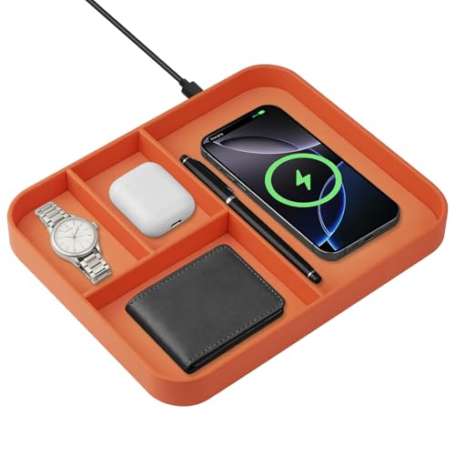 VOVIPO Faux Leather Valet Tray,with 2 in 1 Wireless Charging Compitable With iPhone/17/16/15/15 Plus/15 Pro/15 Pro Max/14/13/12/Wireless earphones,Office/Home Desk Organizers Tray-Orange - color: Orange