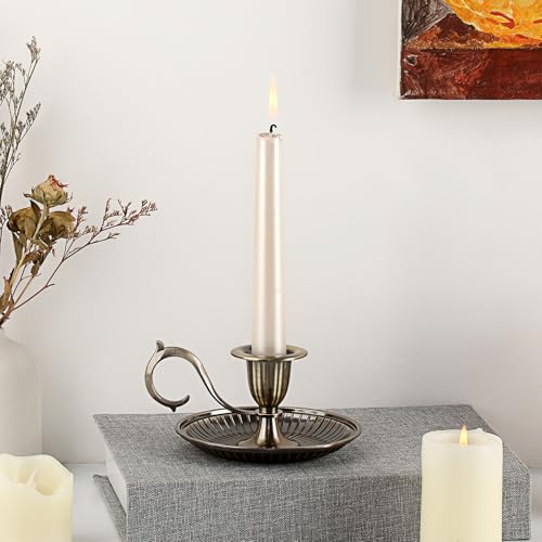 OwnMy 1 Vintage Candlestick Holder Decor, Antique Brass Taper Candle Holder with Carry Handle and Candle Drip Catcher Tray, Eleagnt Taper Candle Stand for Wedding Dining Table Centerpiece, Bronze - color: Bronze