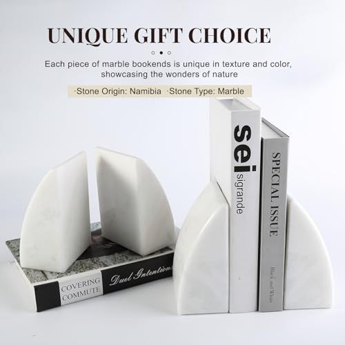 Koville Marble Bookends for Shelves, Large Bookends for Heavy Books, Natural Stone Book Stopper for Books CD Movies, Aesthetic Decorative Book Ends (White) - color: Sail-white