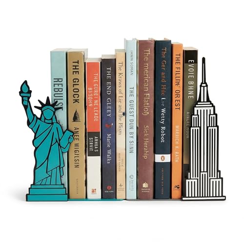 NYC Bookends with Statue of Liberty and Empire State Building Design - Steel with Epoxy Coating - Decorative Pair of Book Holders for Shelves, Desk, and Office - Geguton - color: Nyc