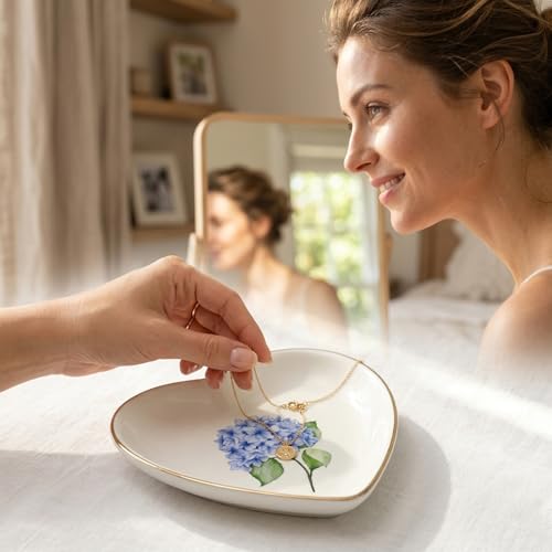 AnyDesign Hydrangea Flower Ring Dish Heart Shaped Ceramic Jewelry Tray Watercolor Blue Floral Trinket Dish for Spring Women Birthday Wedding Engagement Bridal Shower Party Supplies