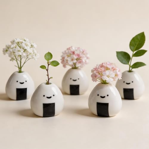MOUGIGI 5 PCS Mini Flower Vase, Handmade Ceramic Rice Ball (Japanese Onigiri) Miniature Vases, Charming and Cute Design, Perfect for Dry Flowers - Bulk Bud Vases, Unique and Adorable Japanese Craft - color: 5 Pcs Rice Ball Vase