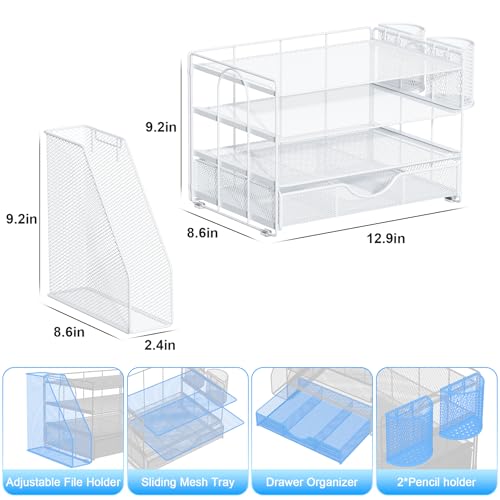 gianotter Desk Organizers and Accessories with File Holder, 4-Tier Desk Accessories & Workspace Organizers with Drawer and 2 Pen Holder, Paper Organizer for Office Supplies (White) - color: White