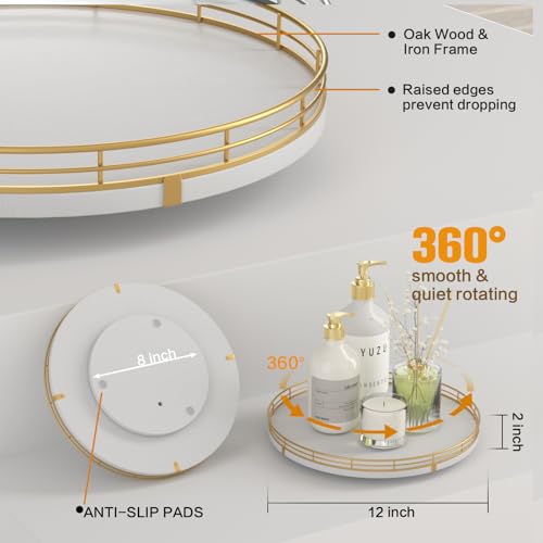 12" Wooden Lazy Susan Turntable for Cabinet – Round Rotating Spice Rack Organizer, White Kitchen Countertop Tray for Dining Table & Pantry Storage (White & Gold) - color: White & Gold, size: 12