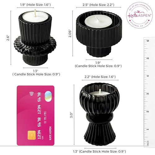 Kate Aspen Vintage Ribbed Glass Black Candlestick Holders, Pillar Candle, Tealight & Votive Candle Holders (Set of 6, 3 Assorted Sizes), Dining Table Decor, Shelf Decor, Centerpiece - color: Black