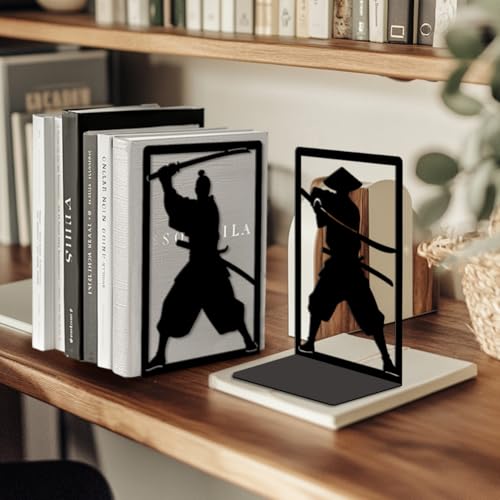 Peacoblue Metal Bookends for Shelves, Modern Decorative Heavy Duty Study Book Ends Stoppers for Office, Desk, Shelf, Room 5.3"x4.3"x7.9" Cast Iron Simple Tall Bookends 1 Pair (Japanese Samurai) - style: Japanese Samurai