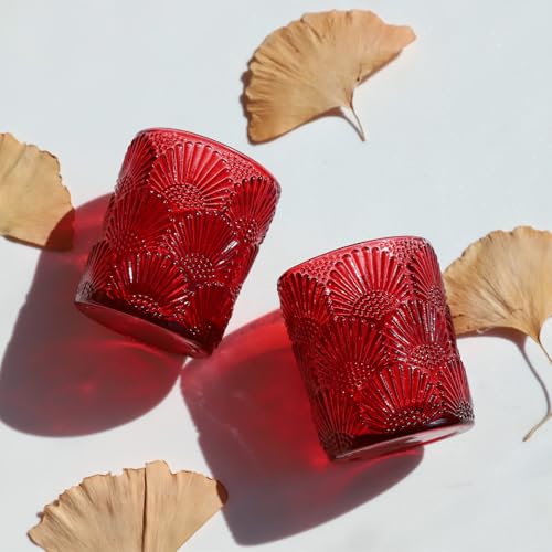 Woho Red Votive Candle Holders Set of 12 for Boho Wedding Table, Ginkgo Leaves Design Tealight Candle Holder Vintage for Christmas Decorations, Glass Tea Lights Candle Holder for Valentines Day Decor - color: Red