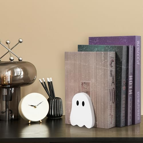 JarThenaAMCS 2Pcs Halloween Wood Bookends White Ghost Shape Wooden Book Stands Cute Ghost Non Skid Book Stoppers for Heavy Books Home School Office Library