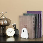 JarThenaAMCS 2Pcs Halloween Wood Bookends White Ghost Shape Wooden Book Stands Cute Ghost Non Skid Book Stoppers for Heavy Books Home School Office Library