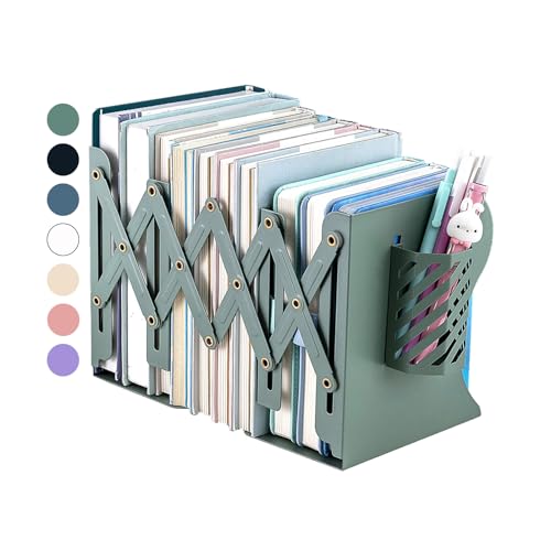 Kingsmile Book Ends, Adjustable Bookends for Shelves, Metal Bookends for Heavy Books, Book Stopper Organzier with Pen Holder for Desk, Kids Room, Office, Classroom, Library, Study Room.(Green) - color: Green