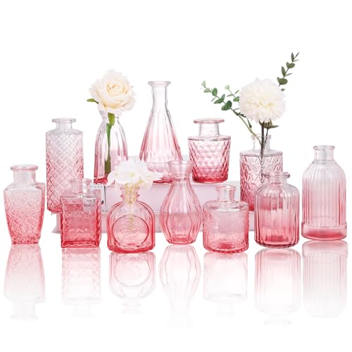 12 Pack Pink Glass Bud Vase Set, Small Vintage Vases for Centerpieces, Decorative Flower Vases for Wedding Home Table Decor - color: Pink, size: 12pcs
