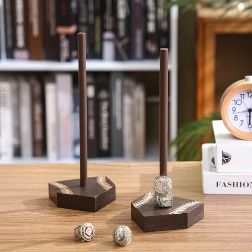 Beeveer 2 Sets Baseball Wooden Ring Holder 10 Inches Softball Ring Display Stand Stacked Storage Organizer Christmas Birthday Gift for Dad Grandpa - color: Brown