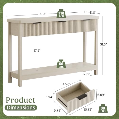 Lulive 51" Fluted Console Table for Entryway, Wooden Entryway Table with 3 Wooden Drawers, Farmhouse Behind Sofa Table for Living Room, Hallway, Couch, Foyer - color: Grey White
