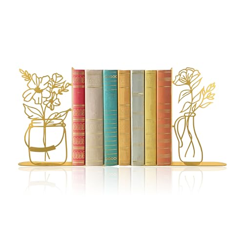 Metal Flower Vase Gold Bookends, Cute Book Ends for Office Home Decor Decorative Gold Book Ends for Shelves, Ideal Gift for Book Lovers
