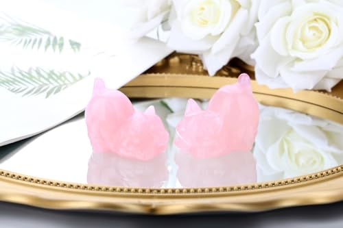 Rose Quartz 2" Cat Crystal Statue Figurines Sculpture Pink Office Home Room Decor for Healing Crystals Lazy Cute Carved Spiritual Natural Gemstones Cat Lover Gifts for Mother Women Lovers - color: Pink-rose