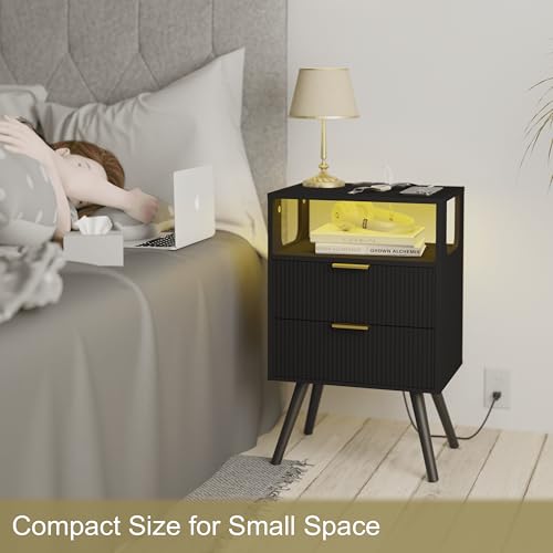 JOONEE Black Nightstand with Charging Station and LED Lights,Modern Bedside Table with 2 Storage Drawer and Open Wood Shelf, for Bedroom and Small Spaces,Night Stand with Solid Wood Legs,Black - color: Black