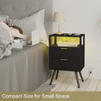 JOONEE Black Nightstand with Charging Station and LED Lights,Modern Bedside Table with 2 Storage Drawer and Open Wood Shelf, for Bedroom and Small Spaces,Night Stand with Solid Wood Legs,Black - color: Black