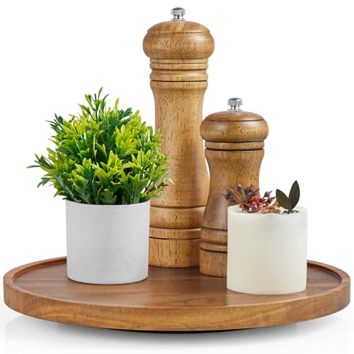 9" Acacia Wood Lazy Susan Turntable Organizer, Lazy Susan for Table Top Cabinet Dining Pantry Countertop Cupboard Organization, Decorative Tray for Kitchen Bathroom Decor Coffee Bar Accessories - color: Acacia, size: 9" with Low Rim