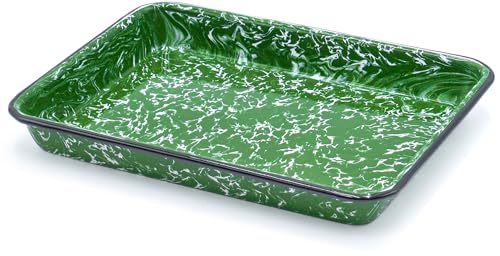 Red Co. 11" x 9" Enamelware Metal Classic 2 Quart Rectangular Serving Tray, Dark Green Marble/Black Rim - Splatter Design - color: Dark Green