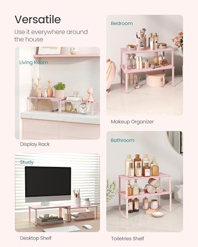 SONGMICS Cabinet Organizer Shelf, Set of 2 Kitchen Counter Shelves, Kitchen Storage, Spice Rack, Stackable, Expandable, Metal and Engineered Wood, Jelly Pink UKCS025S01 - color: Jelly Pink, size: 15.6"W