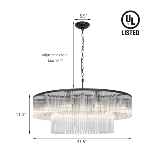Contemporary Black Chandeliers, 2-Tier Dining Room Glass Chandelier Lighting 10 Lights Round Chandelier for Living Room Foyer Entryway Ceiling Hanging Pendant Light Fixture 32" - size: Medium Black (32" x 70")