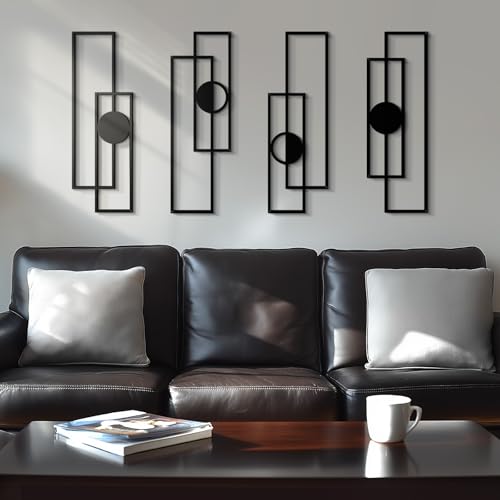 Abstract Black Metal Wall Art for Living Room, 4 Pack Large Wall Sculptures Minimalist Modern 3D Textured Geometric Metal Wall Decor for Bedroom Bathroom Kitchen Study
