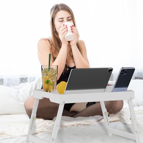 Artmeer Bed Tray Table with Folding Legs, Bamboo Breakfast Food Tray with Media Slot, Use As Platter, Laptop Desk, Snack, TV Tray Kitchen Serving Tray (White Large Adjustable Legs) - color: White, size: Large Adjustable