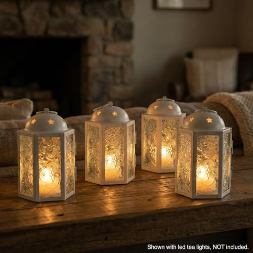 VELA LANTERNS Mini Moroccan Tea Light Candle Holder Lanterns – 4.25" Small Decorative Lantern for Table or Hanging, Metal with Glass Panels – Ramadan, Wedding, Home Decor, Matte White (Set of 4) - color: Matte White