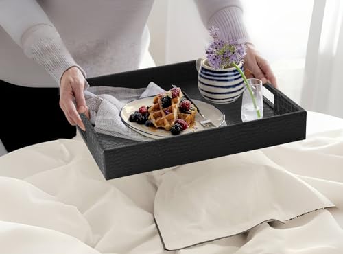 HofferRuffer Rectangle Serving Tray with Hole Handles for Coffee Table, Breakfast, Tea, Food, Butler - Countertop, Kitchen, Vanity Serve Tray, 16.2 x 12.2 x 2 inches, Faux Leather (Black Croco) - color: Black Croco, size: 16.2" x 12.2" x 2"