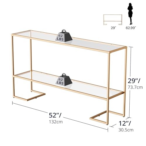 Cozy Castle 52" Entryway Table, 2-Tier Narrow Console Table with Tempered Glass & Sturdy Metal Frame, Modern Sofa Table with Storage Shelves for Entryway, Hallway, Foyer, Living Room, Gold - color: Gold Metal Frame